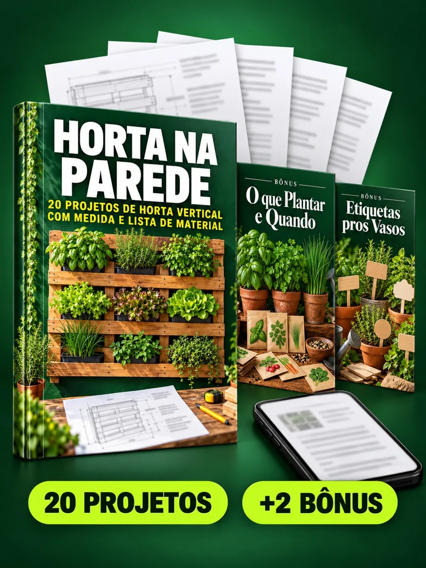 Montagem ilustrativa do Horta na Parede: livro com a capa, páginas do material e celular e capas dos bônus